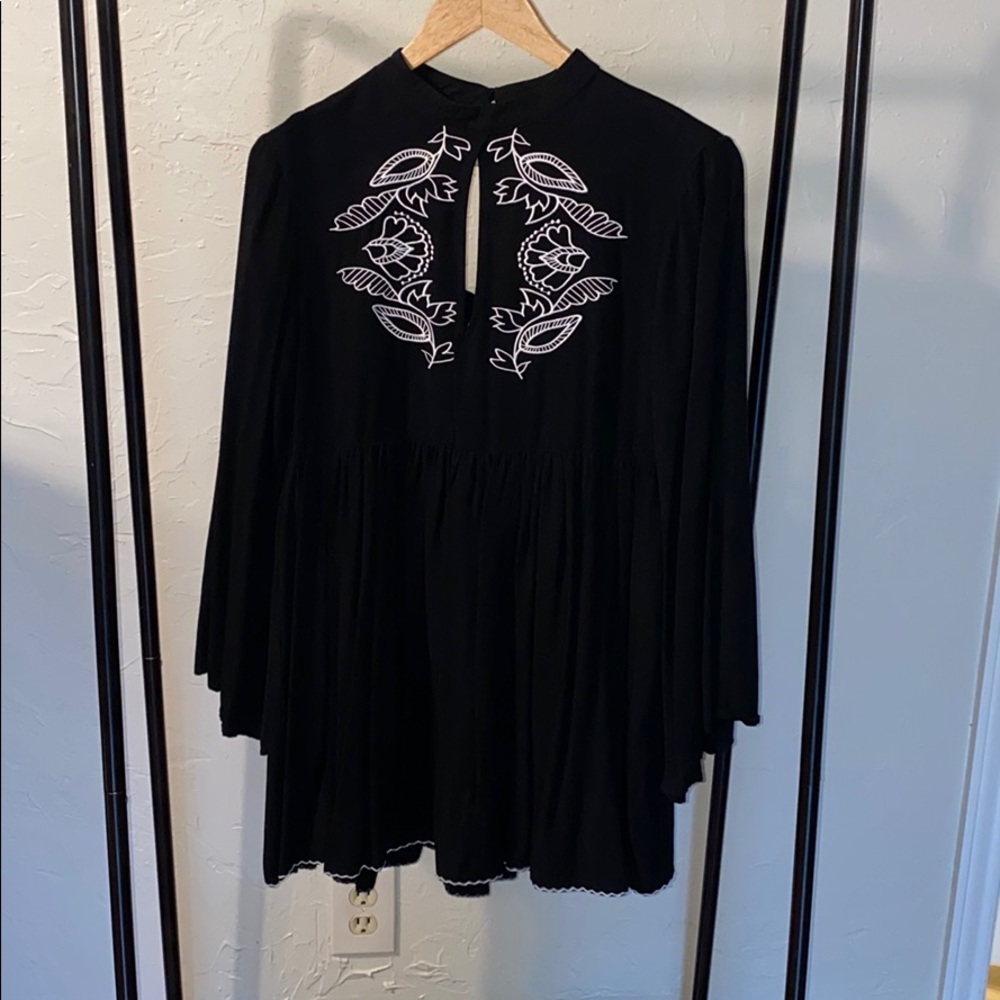 Minkpink bell sleeve black embroidered dress